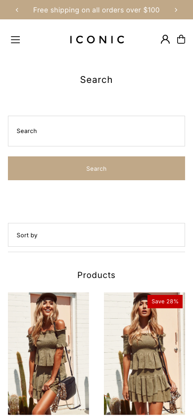 Search → panel opened — Navi+ on the Icon Shopify theme