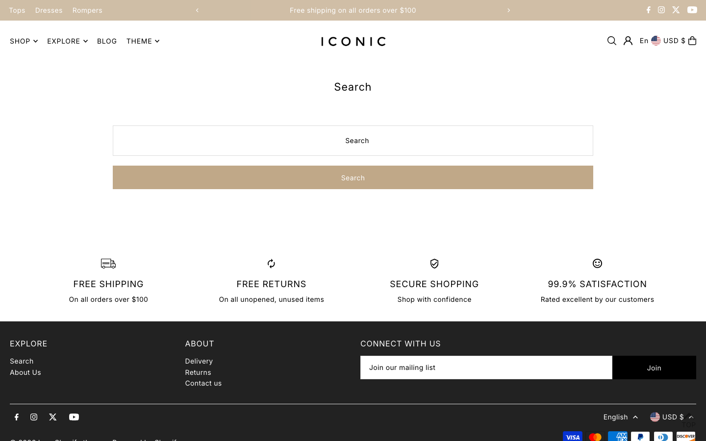 Search → panel opened — Navi+ on the Icon Shopify theme