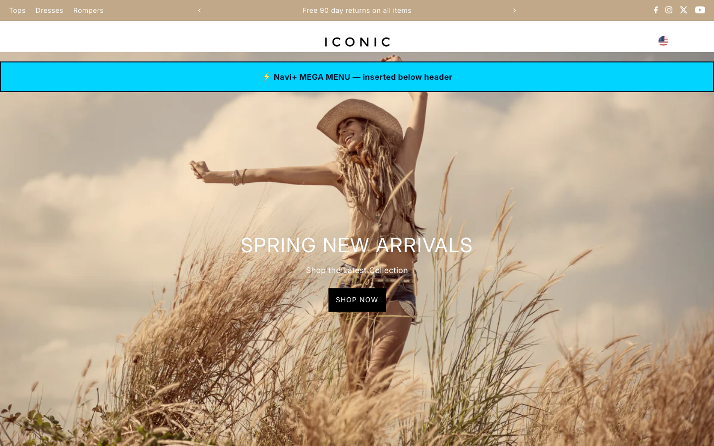 Menu inserted below header — Navi+ on the Icon Shopify theme