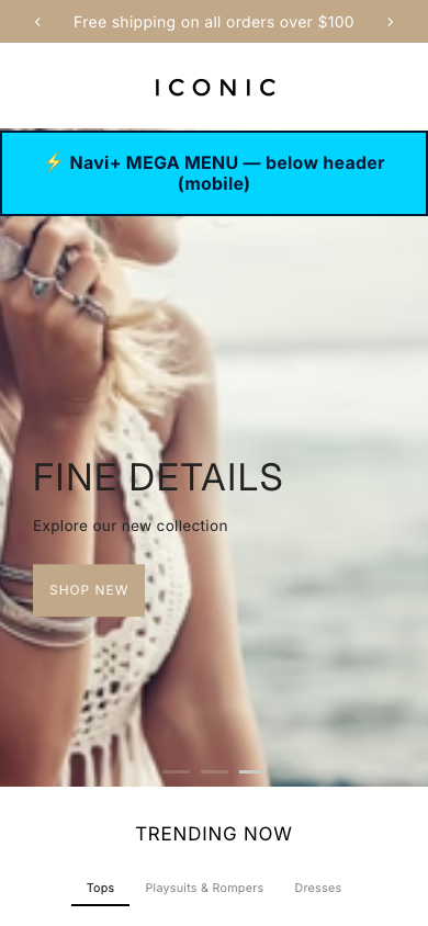 Menu inserted below header — Navi+ on the Icon Shopify theme