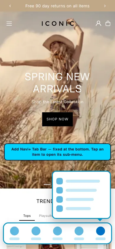 Navi+ Tab Bar on the Icon Shopify theme Navi+ Tab Bar on the Icon Shopify theme