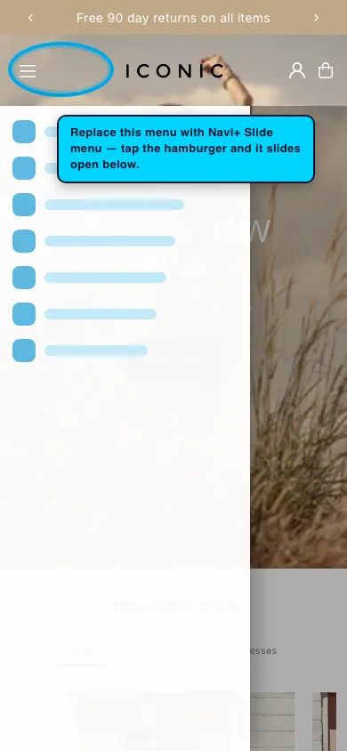 Navi+ Slide Menu on the Icon Shopify theme Navi+ Slide Menu on the Icon Shopify theme