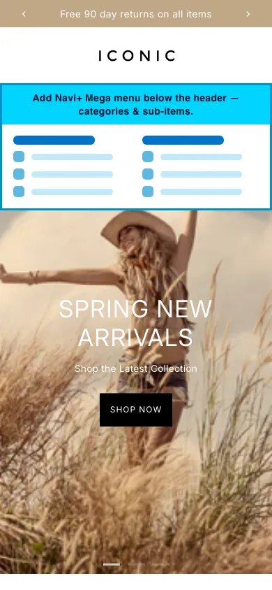 Navi+ mobile Mega Menu on the Icon Shopify theme Navi+ mobile Mega Menu on the Icon Shopify theme
