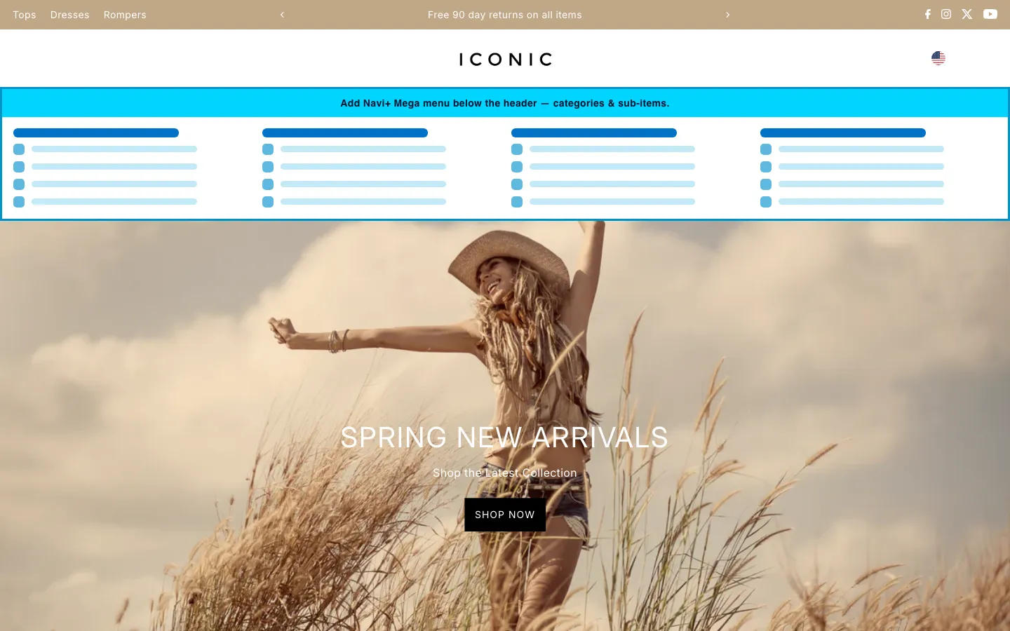 Navi+ Mega Menu inserted below the header on the Icon Shopify theme Navi+ Mega Menu inserted below the header on the Icon Shopify theme