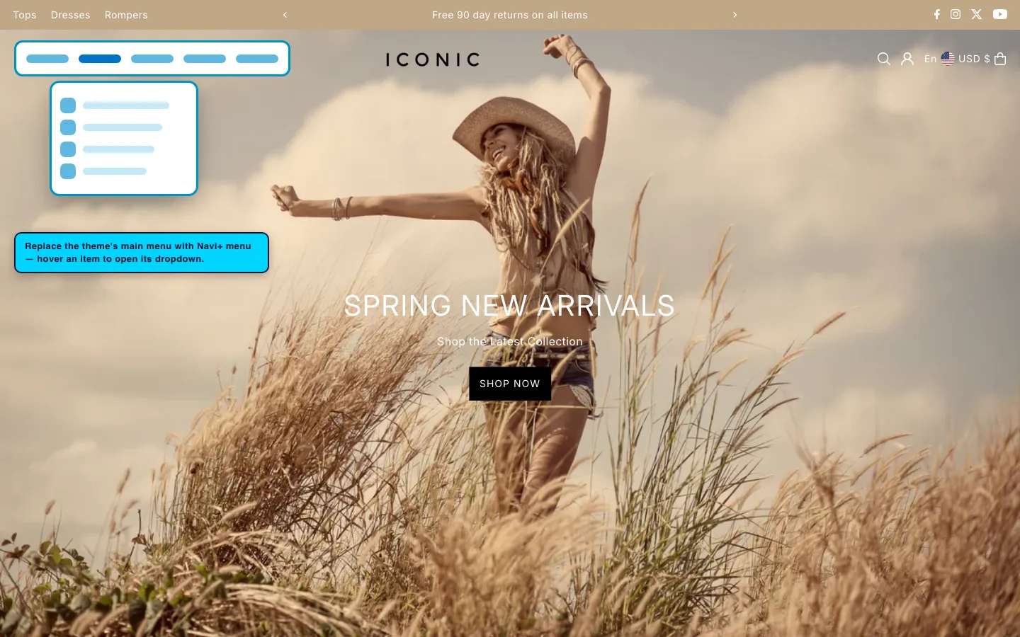 Navi+ Mega Menu replacing the desktop menu on the Icon Shopify theme