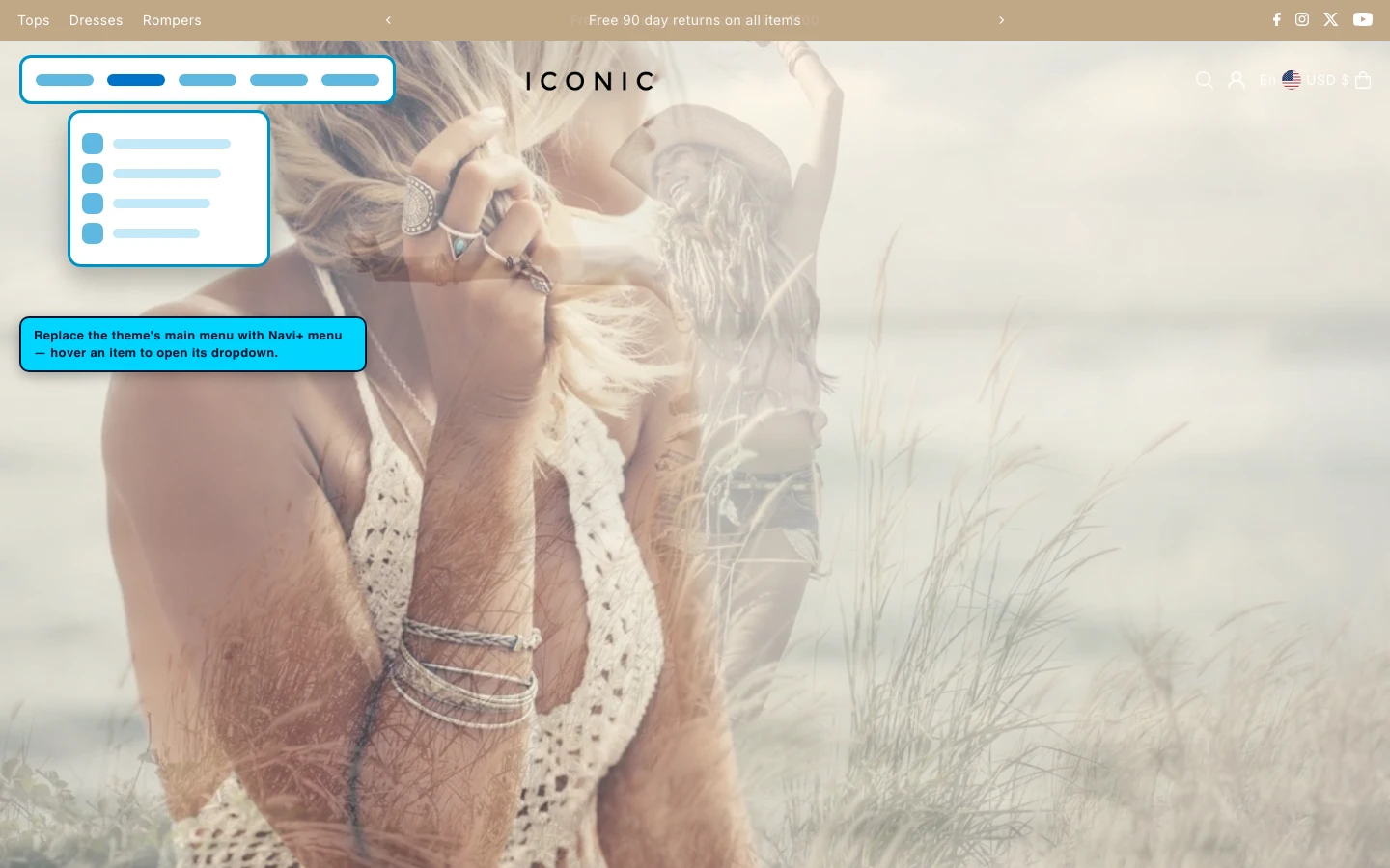 Navi+ Mega Menu replacing the desktop menu on the Icon Shopify theme Navi+ Mega Menu replacing the desktop menu on the Icon Shopify theme