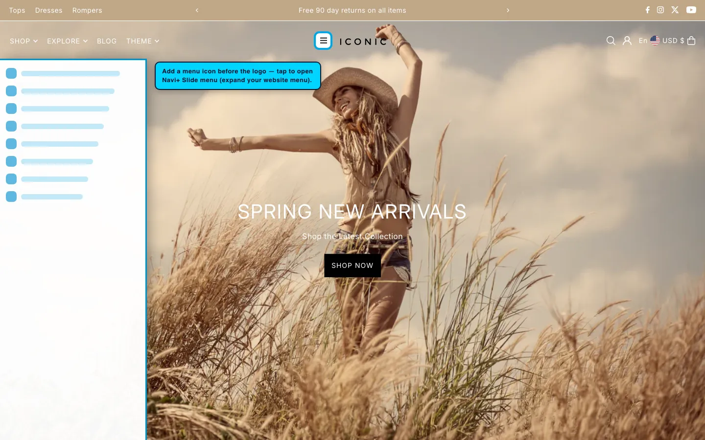Navi+ trigger icon before the logo on the Icon Shopify theme Navi+ trigger icon before the logo on the Icon Shopify theme