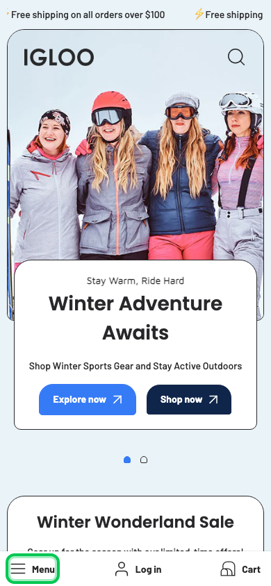 Hamburger → panel opened — Navi+ on the Igloo Shopify theme