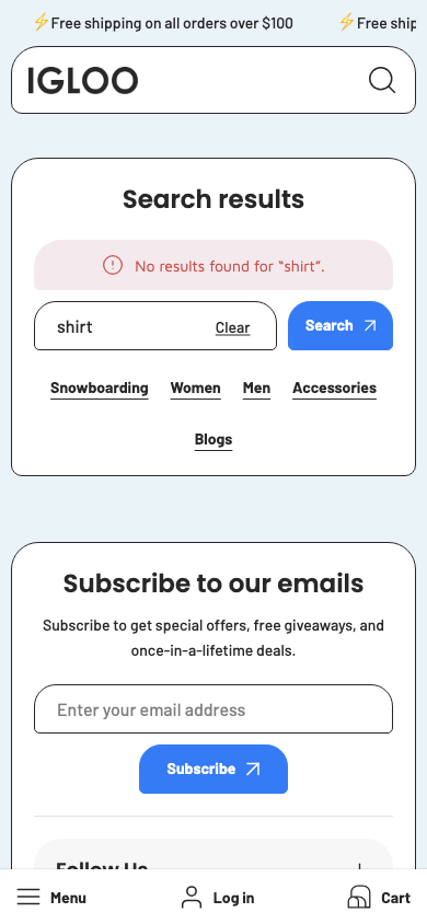 Search → panel opened — Navi+ on the Igloo Shopify theme