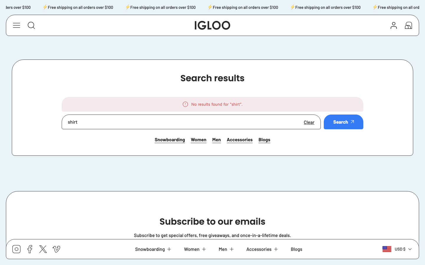 Search → panel opened — Navi+ on the Igloo Shopify theme