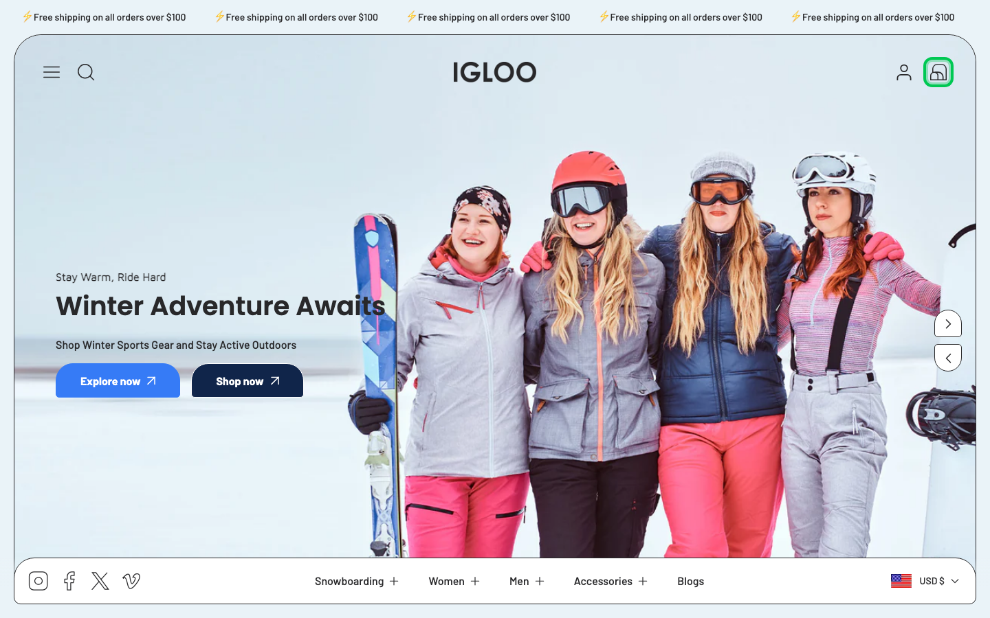 Cart → panel opened — Navi+ on the Igloo Shopify theme