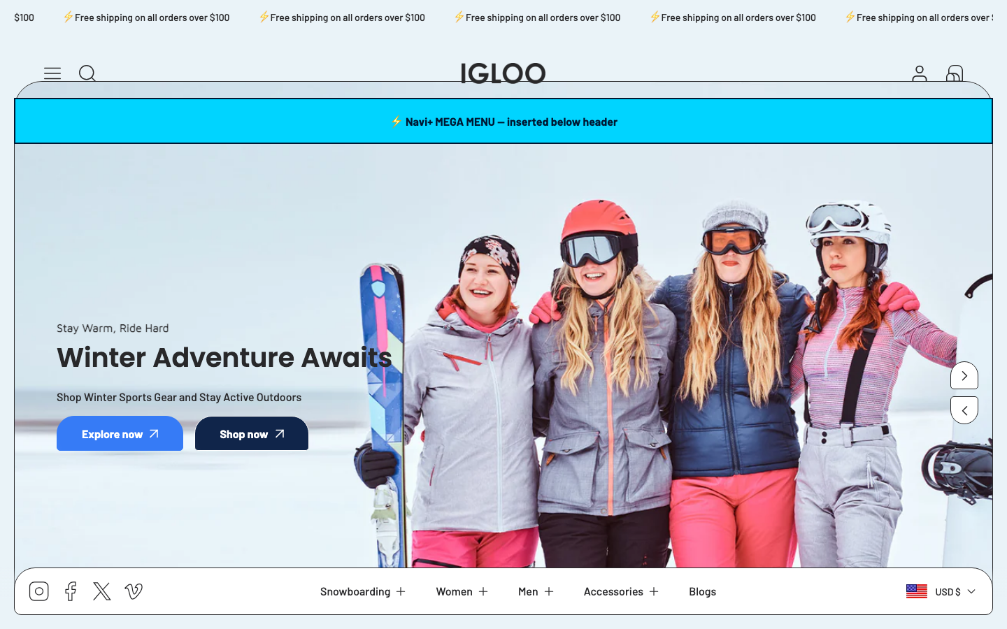 Menu inserted below header — Navi+ on the Igloo Shopify theme