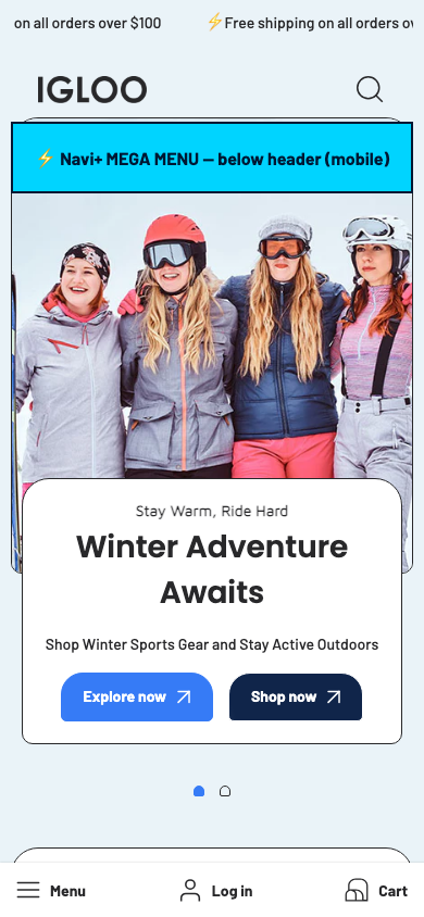 Menu inserted below header — Navi+ on the Igloo Shopify theme