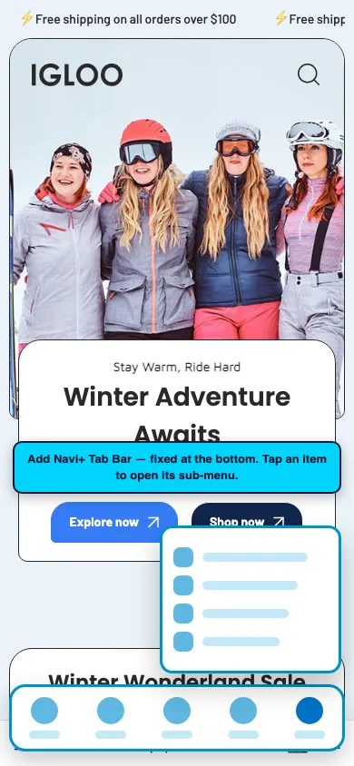 Navi+ Tab Bar on the Igloo Shopify theme Navi+ Tab Bar on the Igloo Shopify theme