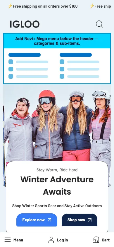 Navi+ mobile Mega Menu on the Igloo Shopify theme