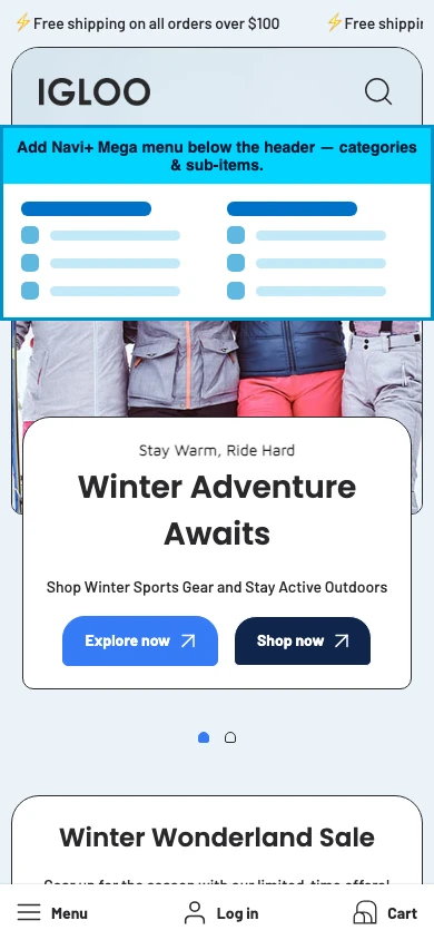 Navi+ mobile Mega Menu on the Igloo Shopify theme Navi+ mobile Mega Menu on the Igloo Shopify theme