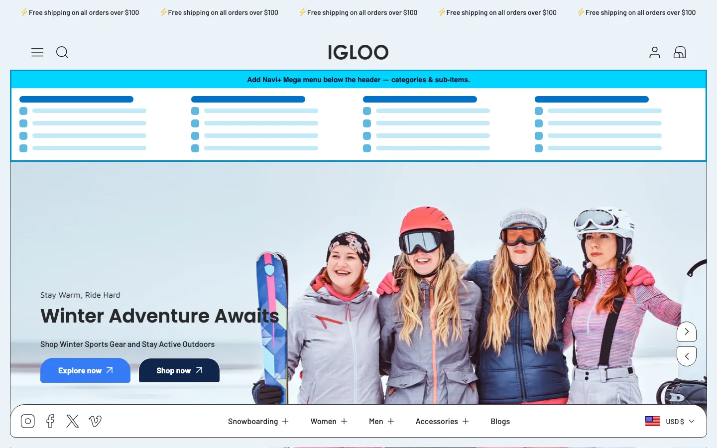 Navi+ Mega Menu inserted below the header on the Igloo Shopify theme