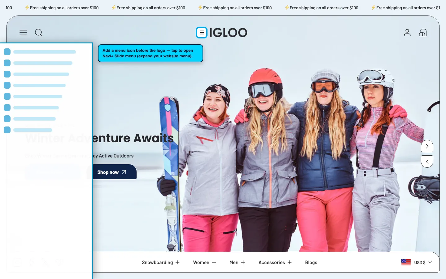 Navi+ trigger icon before the logo on the Igloo Shopify theme