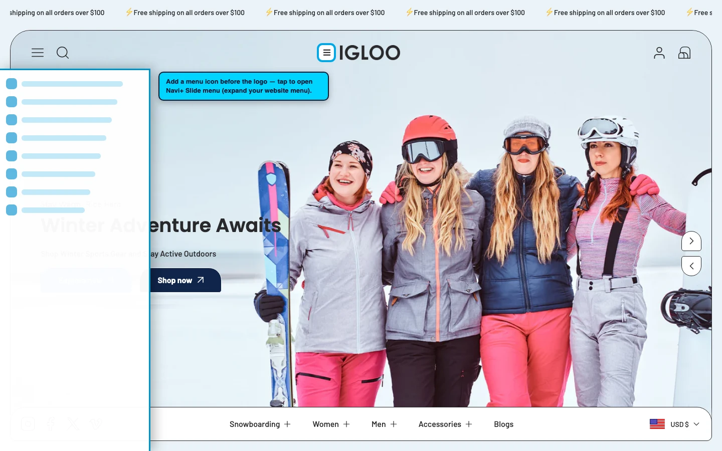 Navi+ trigger icon before the logo on the Igloo Shopify theme Navi+ trigger icon before the logo on the Igloo Shopify theme