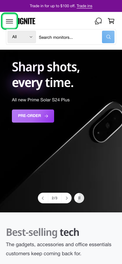 Hamburger → panel opened — Navi+ on the Ignite Shopify theme