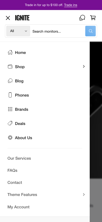 Hamburger → panel opened — Navi+ on the Ignite Shopify theme