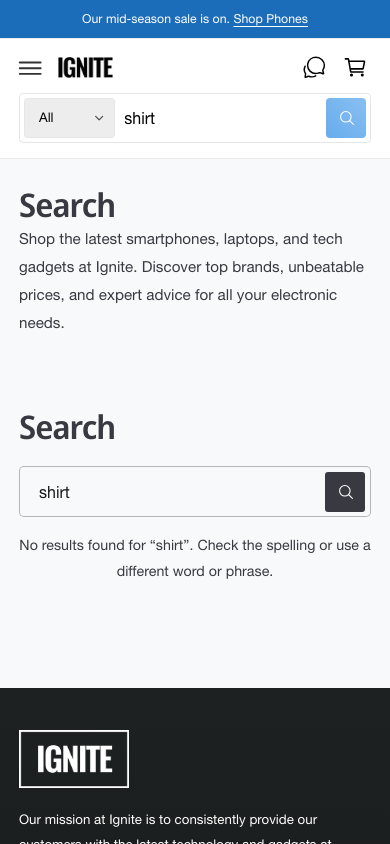 Search → panel opened — Navi+ on the Ignite Shopify theme