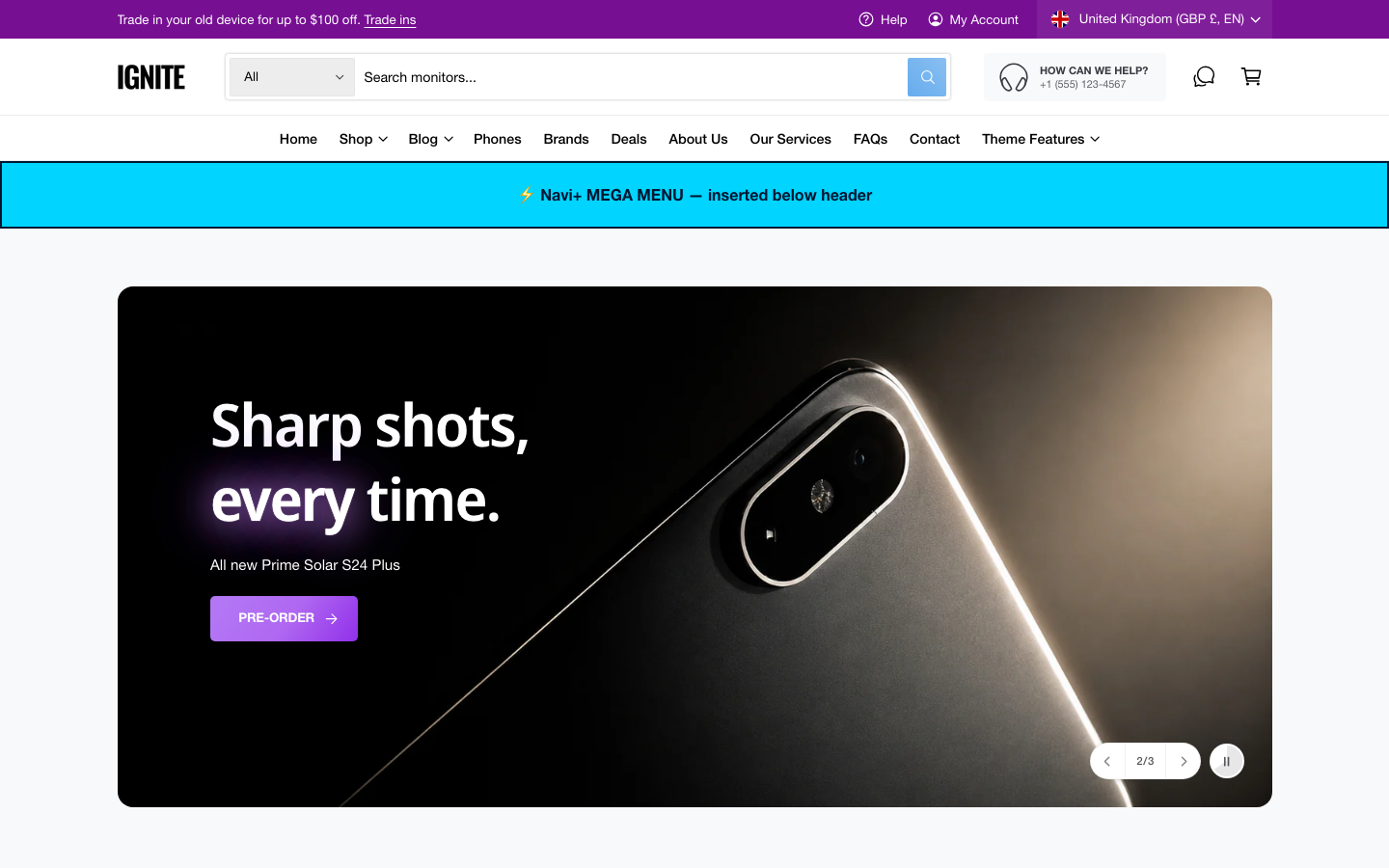 Menu inserted below header — Navi+ on the Ignite Shopify theme