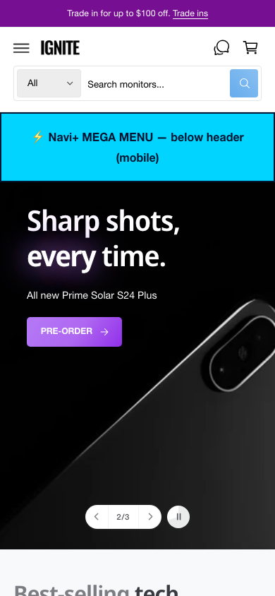 Menu inserted below header — Navi+ on the Ignite Shopify theme