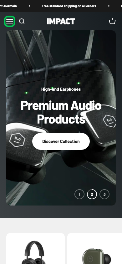Hamburger → panel opened — Navi+ on the Impact Shopify theme