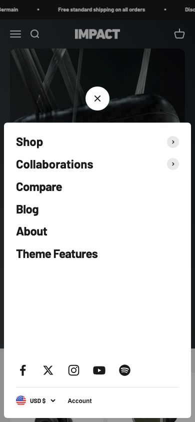 Hamburger → panel opened — Navi+ on the Impact Shopify theme