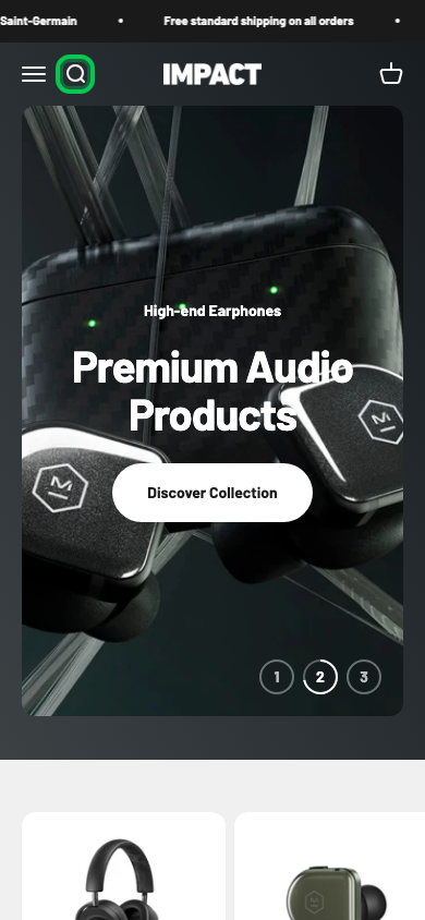 Search → panel opened — Navi+ on the Impact Shopify theme