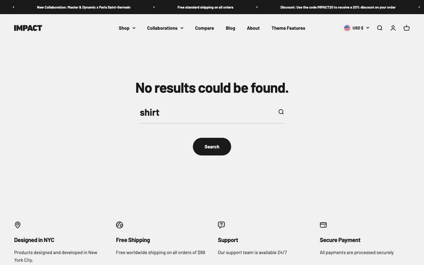 Search → panel opened — Navi+ on the Impact Shopify theme