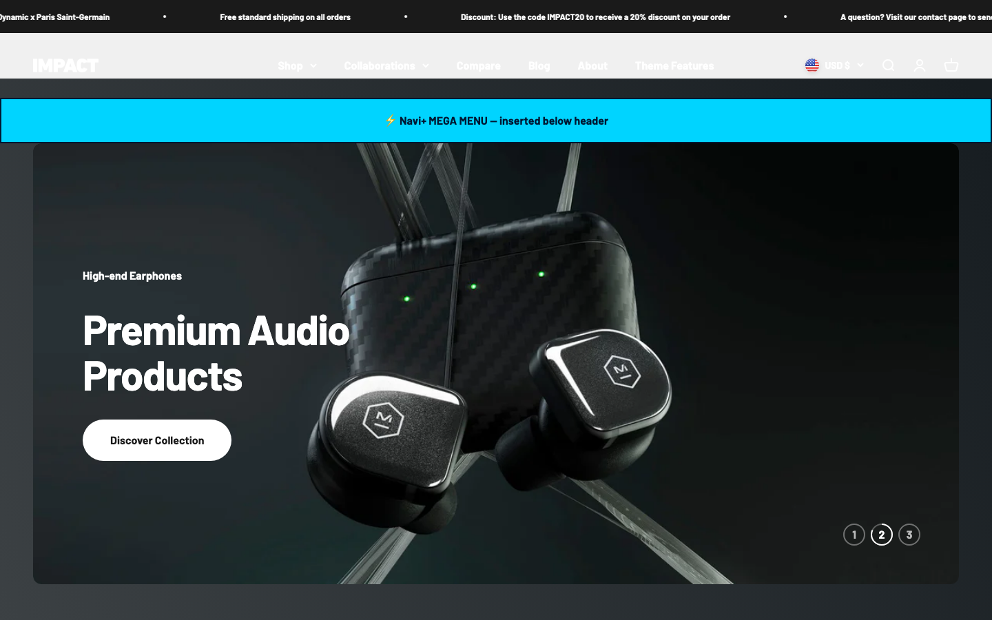 Menu inserted below header — Navi+ on the Impact Shopify theme