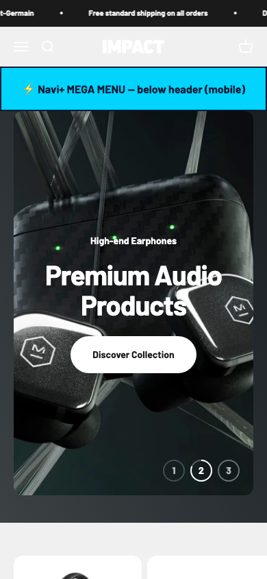 Menu inserted below header — Navi+ on the Impact Shopify theme