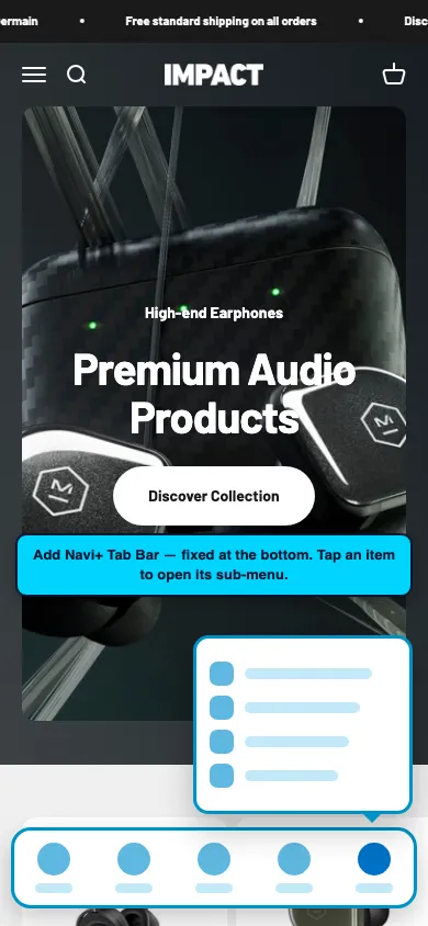 Navi+ Tab Bar on the Impact Shopify theme