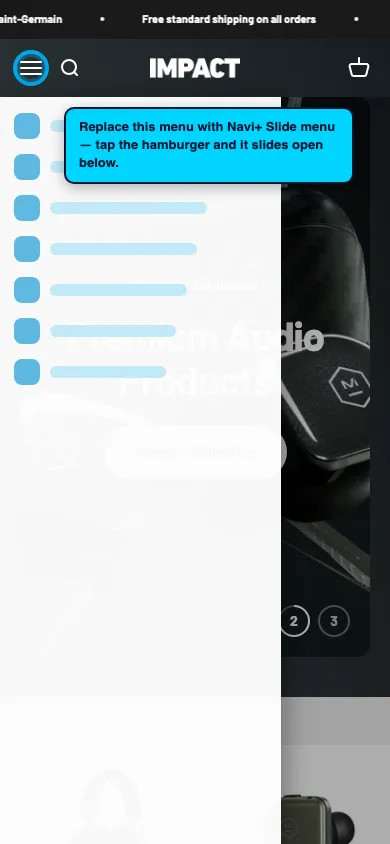Navi+ Slide Menu on the Impact Shopify theme