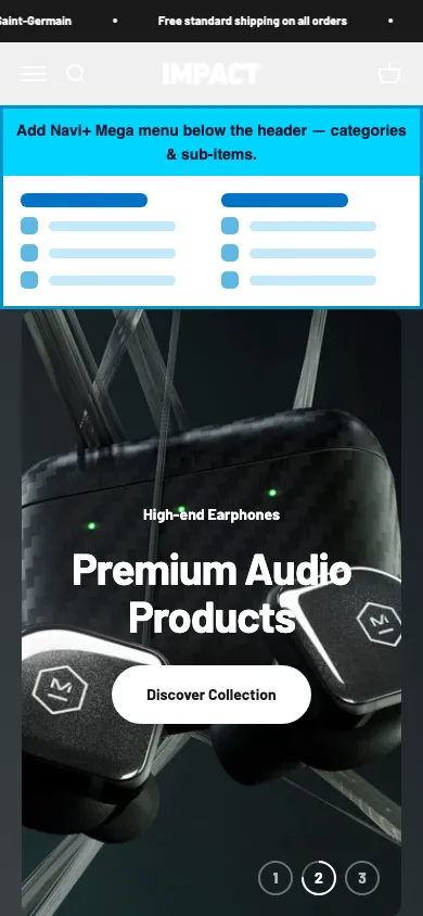 Navi+ mobile Mega Menu on the Impact Shopify theme