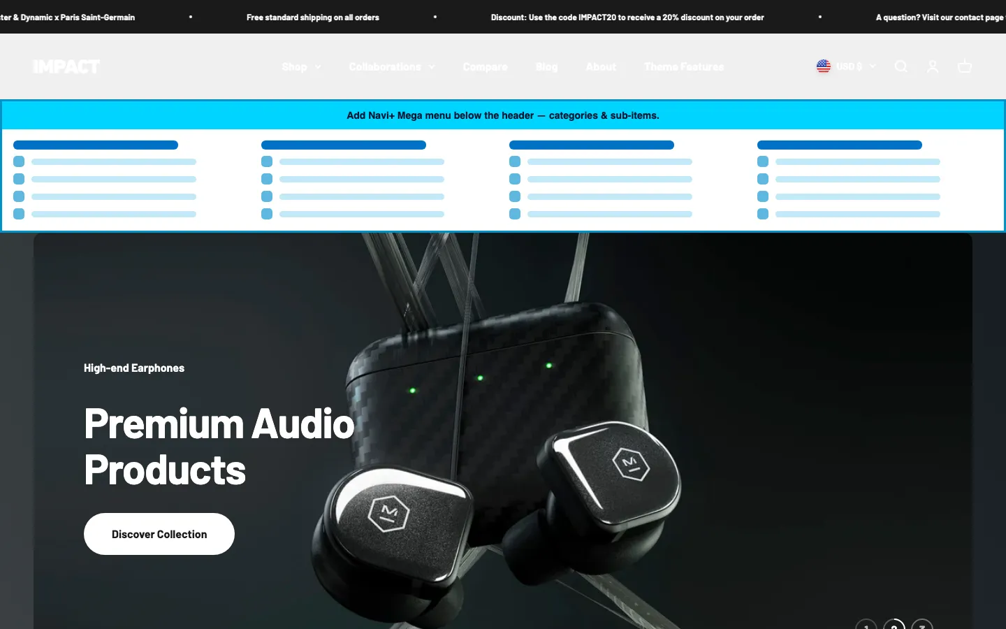 Navi+ Mega Menu inserted below the header on the Impact Shopify theme