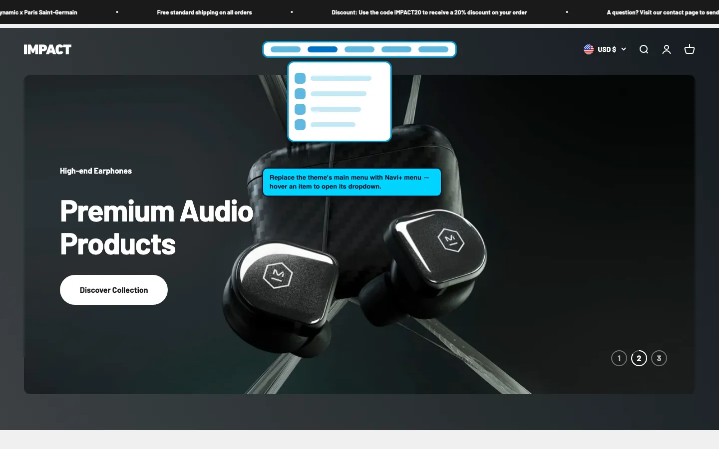 Navi+ Mega Menu replacing the desktop menu on the Impact Shopify theme