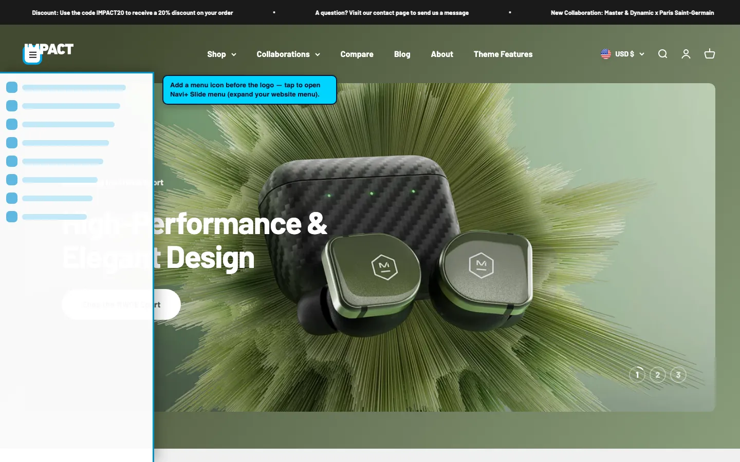 Navi+ trigger icon before the logo on the Impact Shopify theme