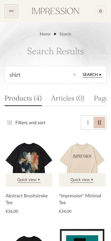 Search → panel opened — Navi+ on the Impression Shopify theme Search → panel opened — Navi+ on the Impression Shopify theme