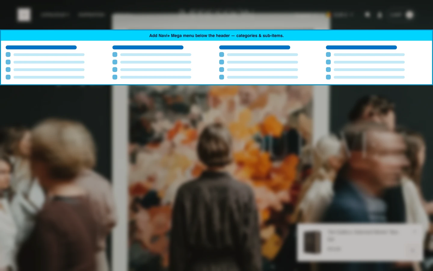 Navi+ Mega Menu inserted below the header on the Impression Shopify theme Navi+ Mega Menu inserted below the header on the Impression Shopify theme