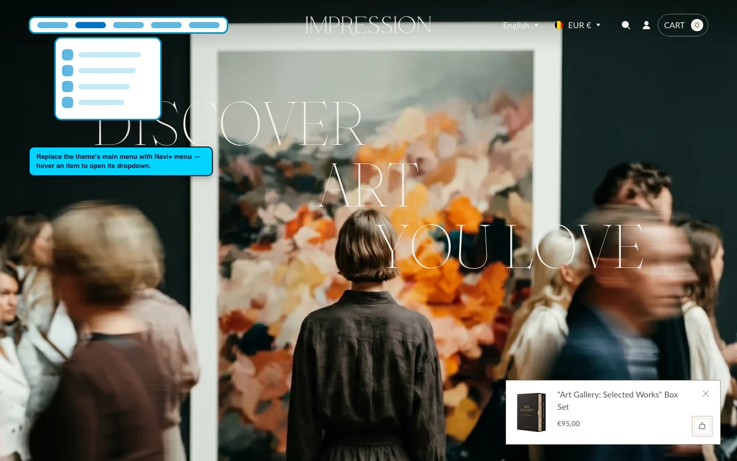 Navi+ Mega Menu replacing the desktop menu on the Impression Shopify theme Navi+ Mega Menu replacing the desktop menu on the Impression Shopify theme