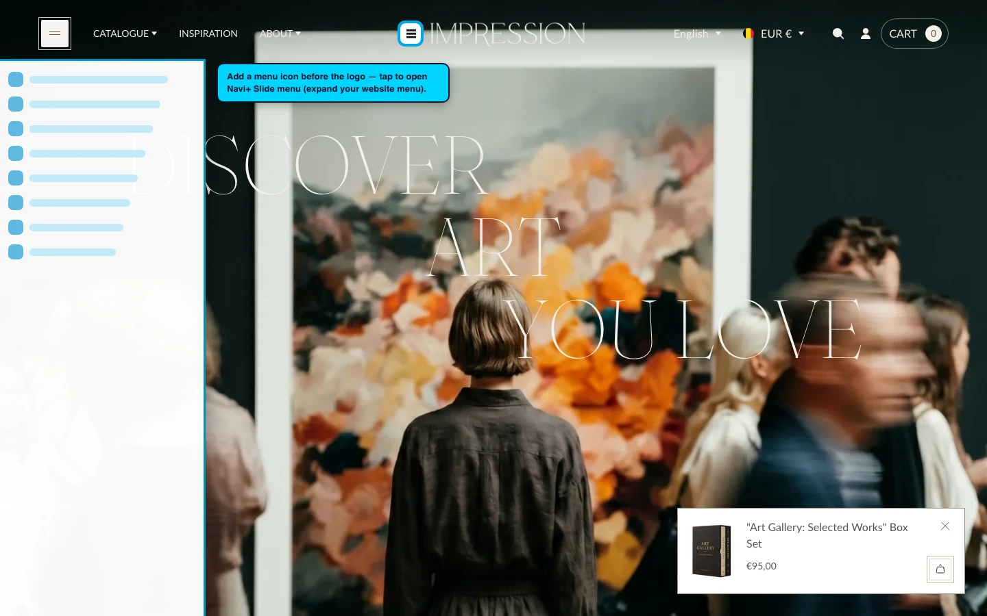 Navi+ trigger icon before the logo on the Impression Shopify theme Navi+ trigger icon before the logo on the Impression Shopify theme