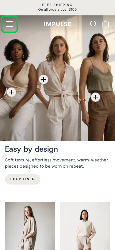 Hamburger → panel opened — Navi+ on the Impulse Shopify theme