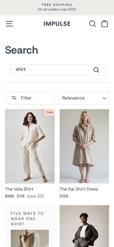 Search → panel opened — Navi+ on the Impulse Shopify theme