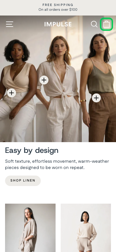 Cart → panel opened — Navi+ on the Impulse Shopify theme