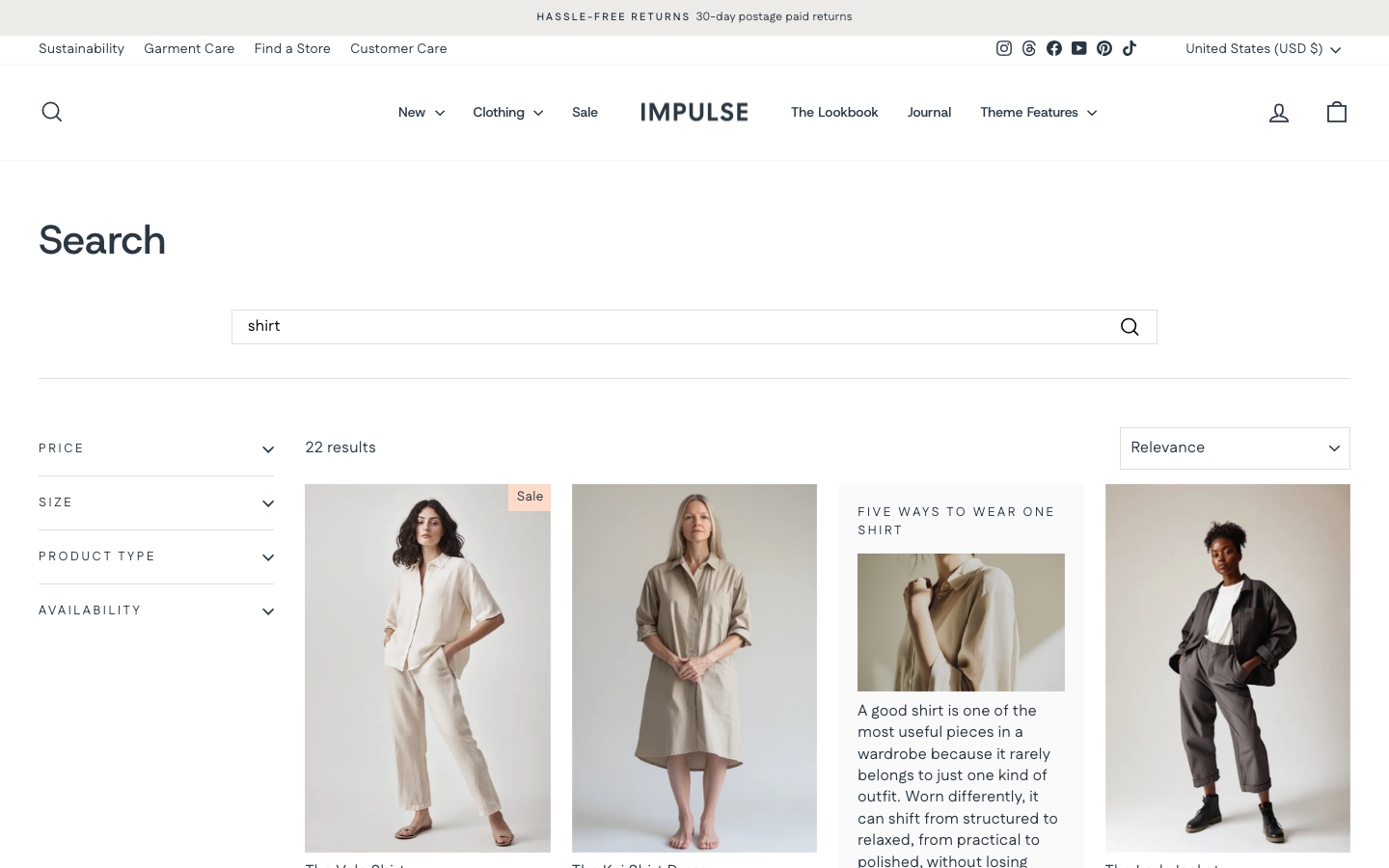 Search → panel opened — Navi+ on the Impulse Shopify theme