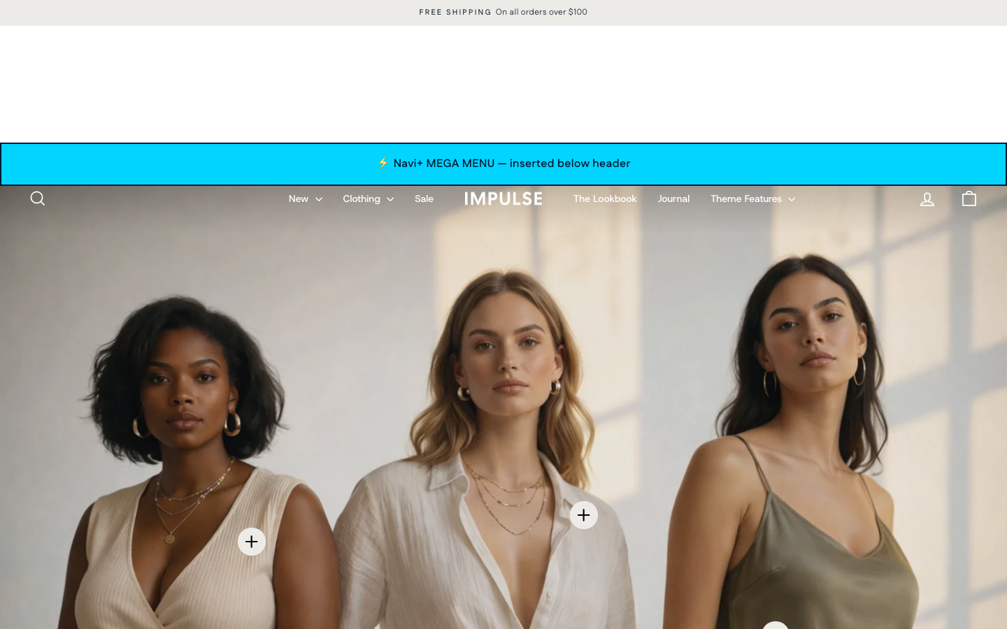 Menu inserted below header — Navi+ on the Impulse Shopify theme