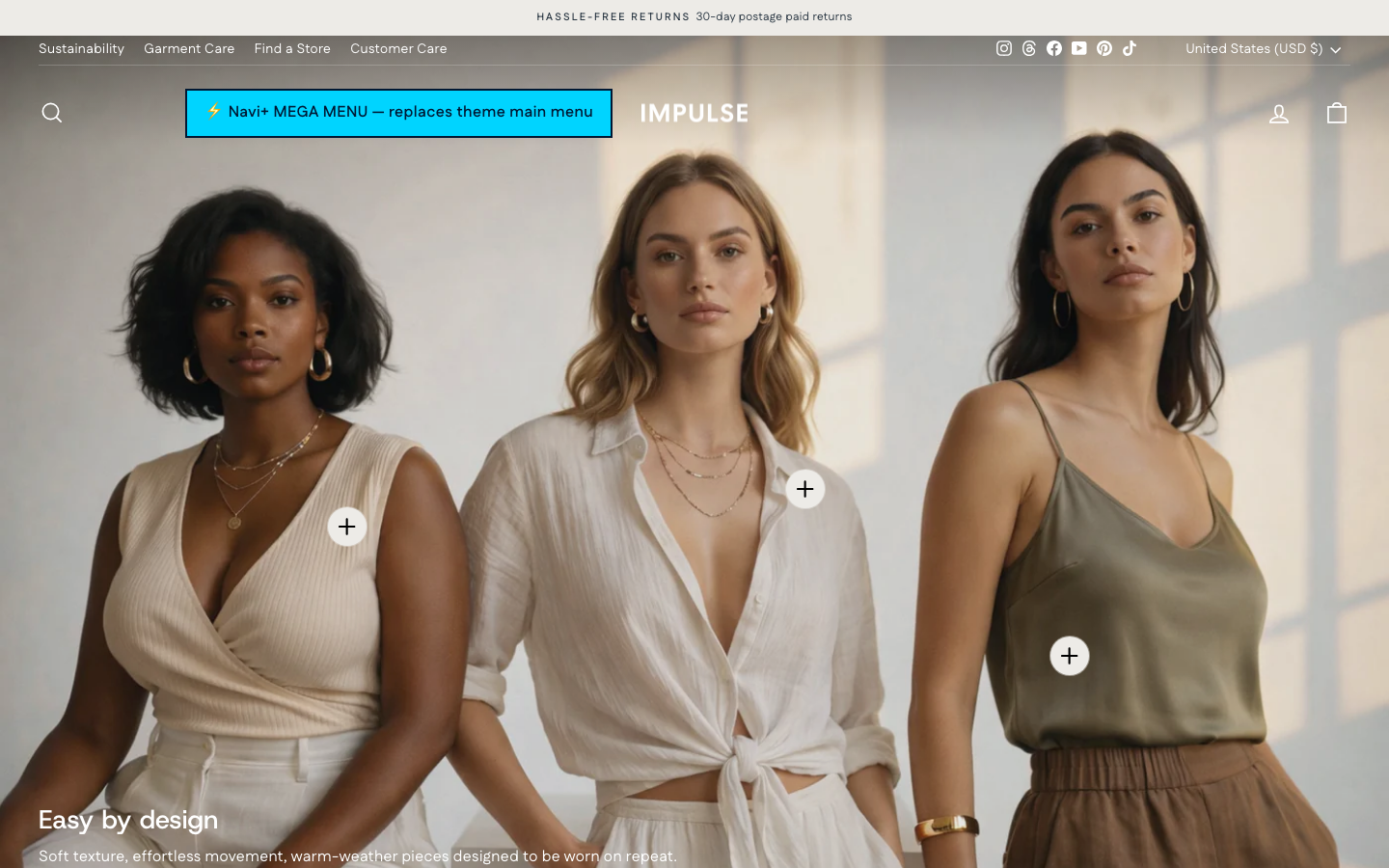 Replace main menu — Navi+ on the Impulse Shopify theme